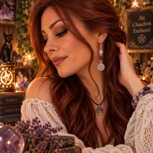 Boucles d'oreilles "Fleur de Vie", avec Cristal de roche et Améthyste