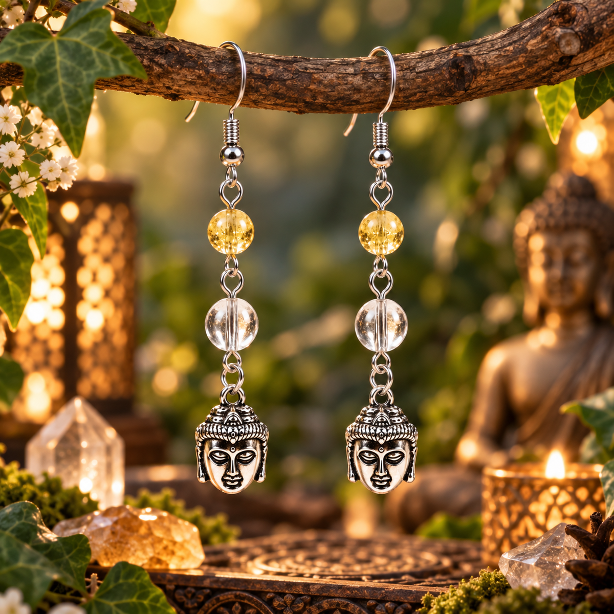 Boucles d'oreilles Bouddha, avec Citrine et Cristal de Roche