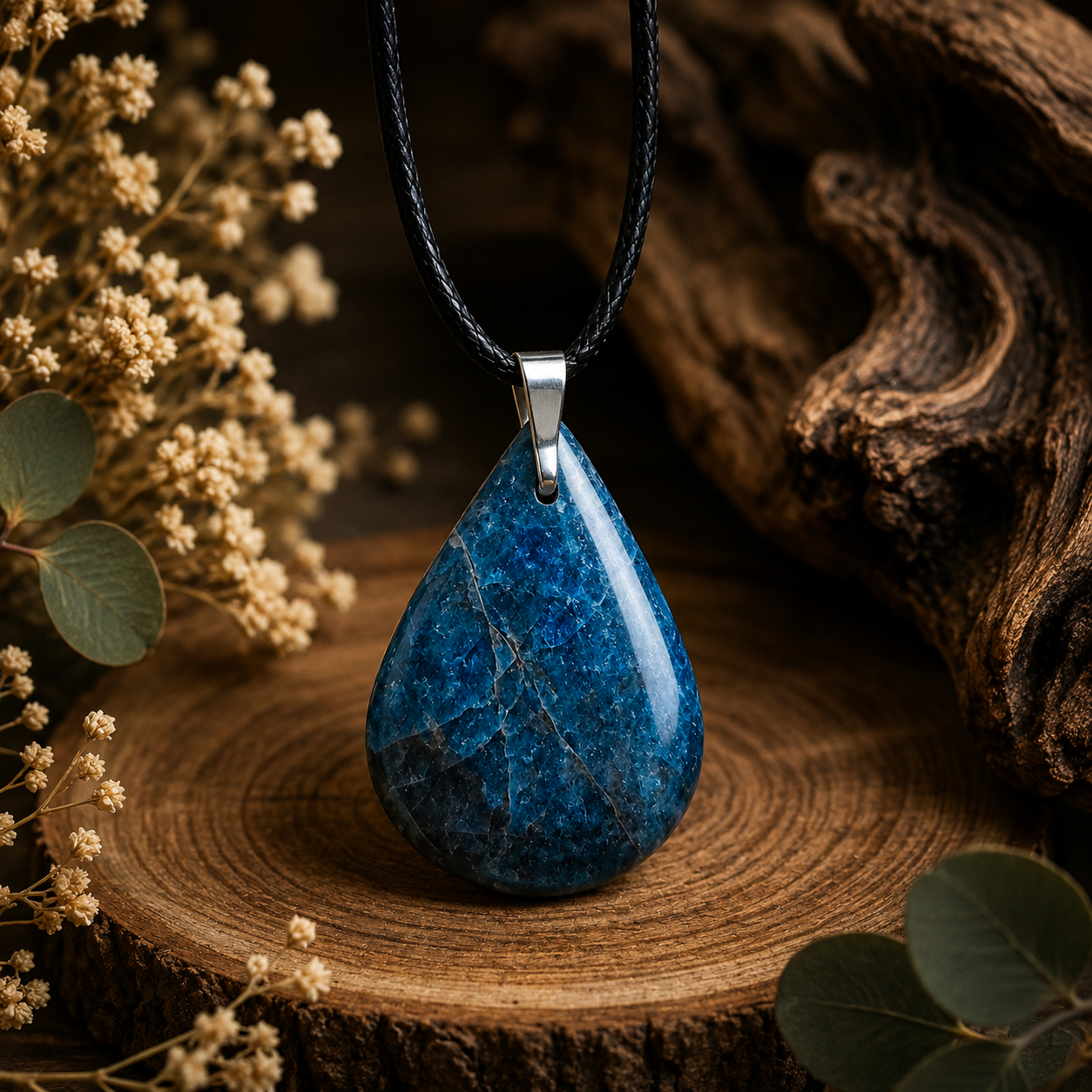 Pendentif goutte en Apatite Bleue (Ecoute, Compréhension, Communication, Concentration, Apaisement, Expression, Harmonie)