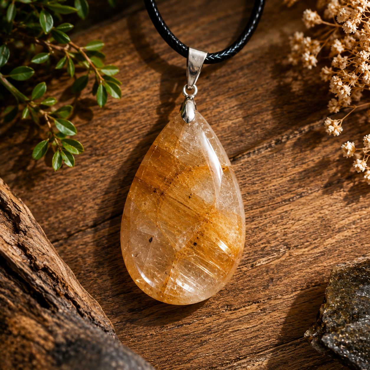 Pendentif goutte en Quartz Hématoïde Jaune (Ancrage, Vitalité, Confiance en soi, Courage, Clarté mentale, Motivation, Equilibre émotionnel)
