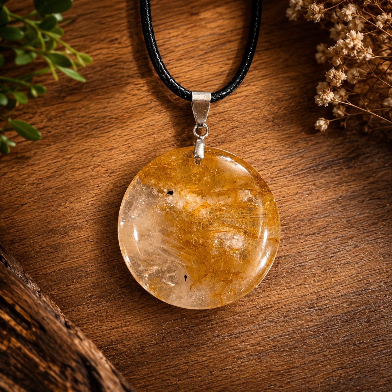 Pendentif rond en Quartz Hématoïde Jaune (Ancrage, Vitalité, Confiance en soi, Courage, Clarté mentale, Motivation, Equilibre émotionnel)