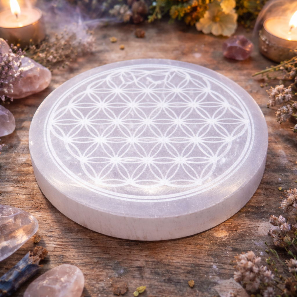 Plaque "Fleur de Vie" en Sélénite (Pour recharger vos pierres et bijoux)